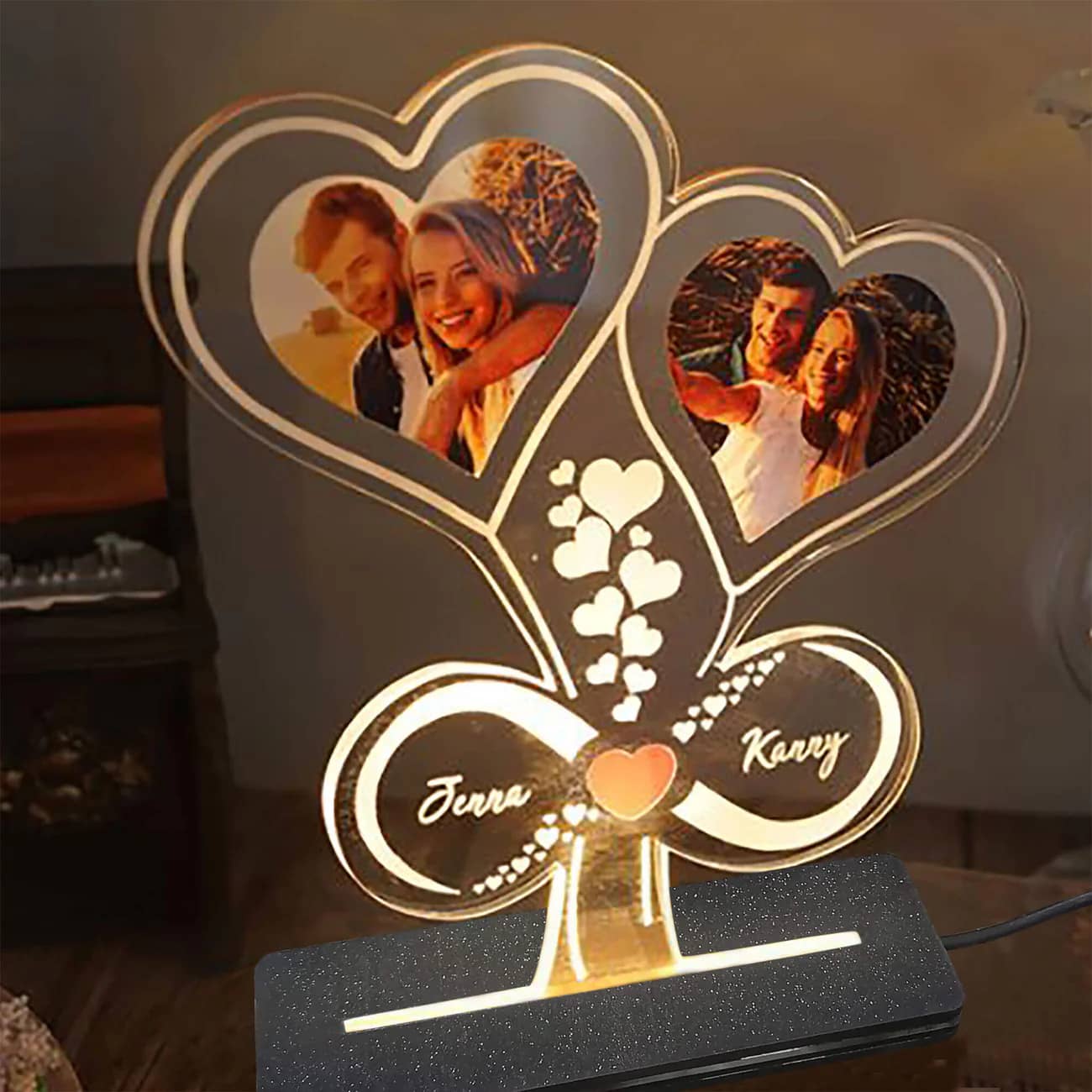 Personalized Double Heart With Infinity LED Photo Lamp - Valentines gifts for him