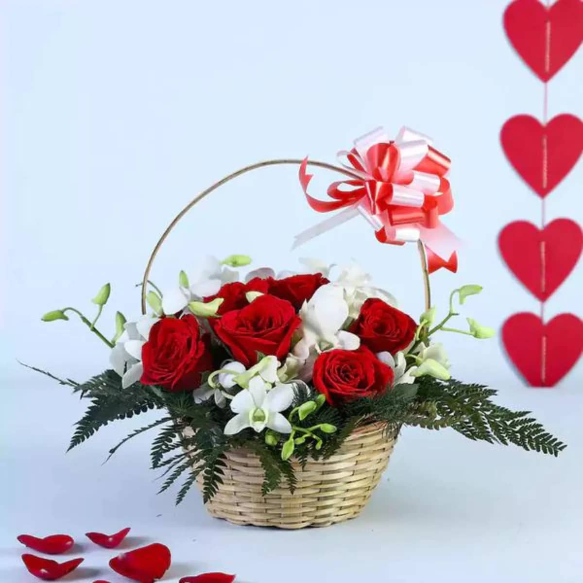White and Red Roses Basket - Perfect Red Roses Bouquet for Every Occasion